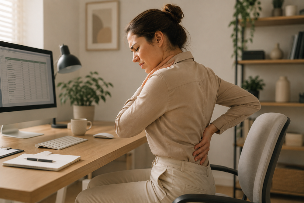 Woman experiencing lower back tension while working at a desk