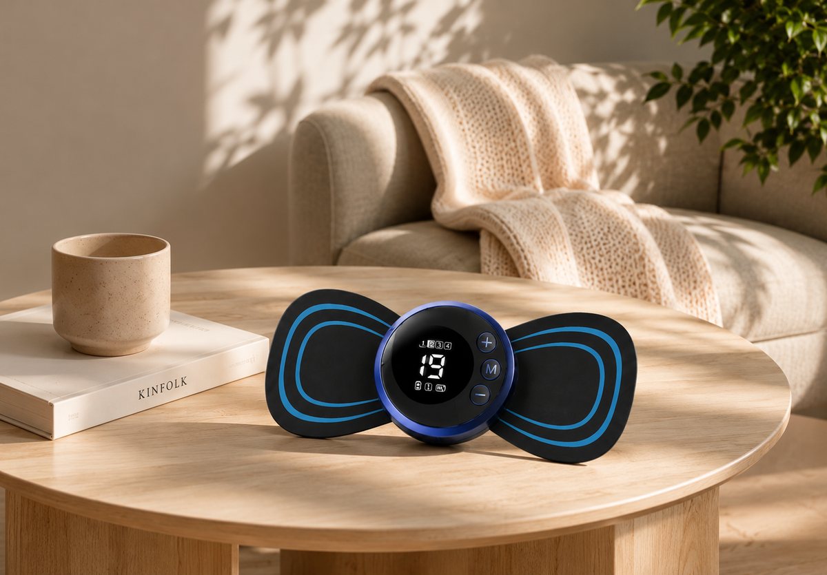 ARIXON PulseTherapy device resting on a table in a cozy, comfortable living room